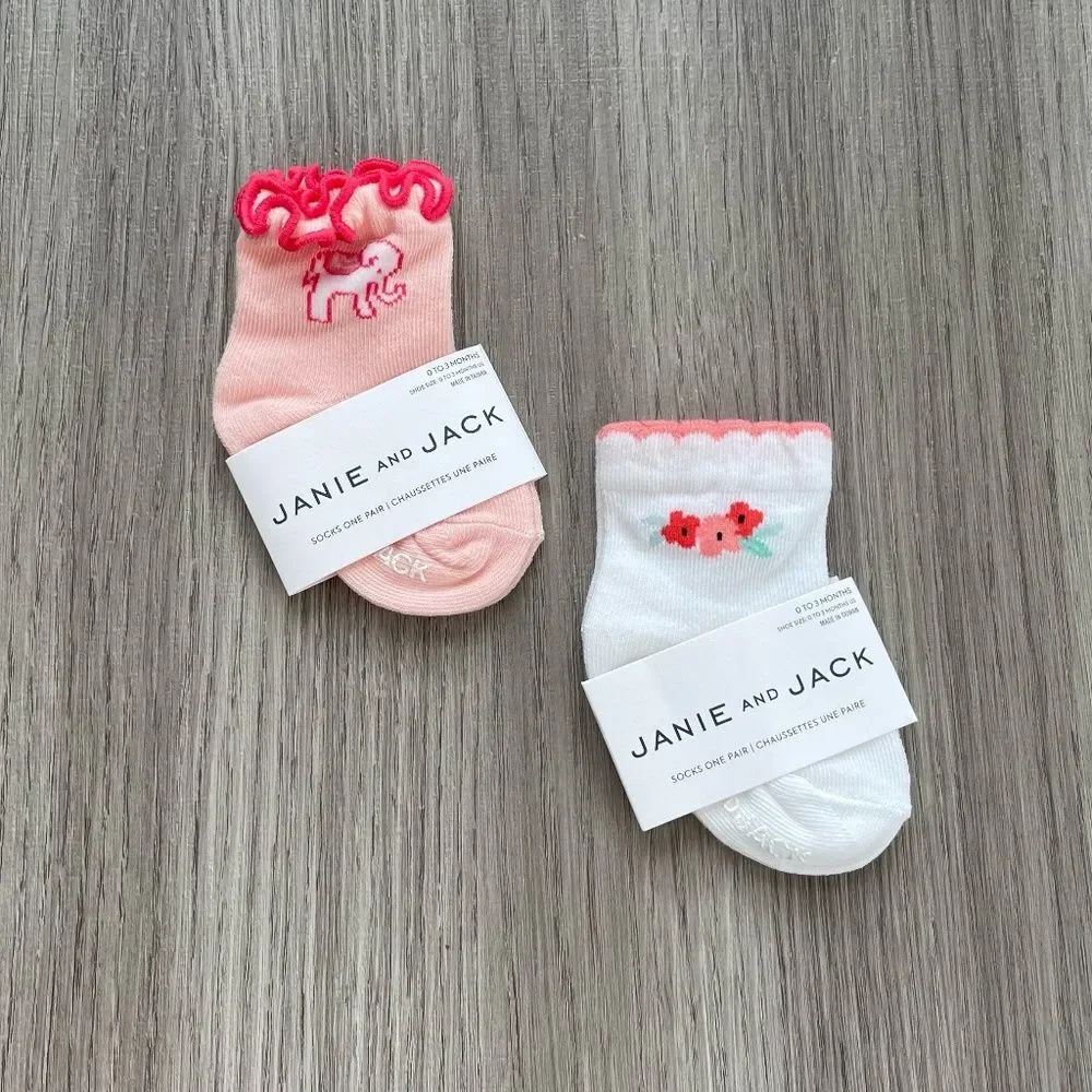 NWT Janie & Jack Baby Elephant and Floral Socks White and Pink 0-3 Months